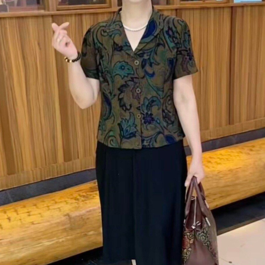 春装年夏季时尚洋气显瘦气质减龄中老年复古中长款短袖拼接连衣裙