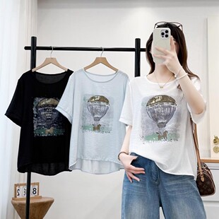 微胖大码洋气显瘦烫钻热气球印花褶皱拼接T恤女夏季新款休闲上衣