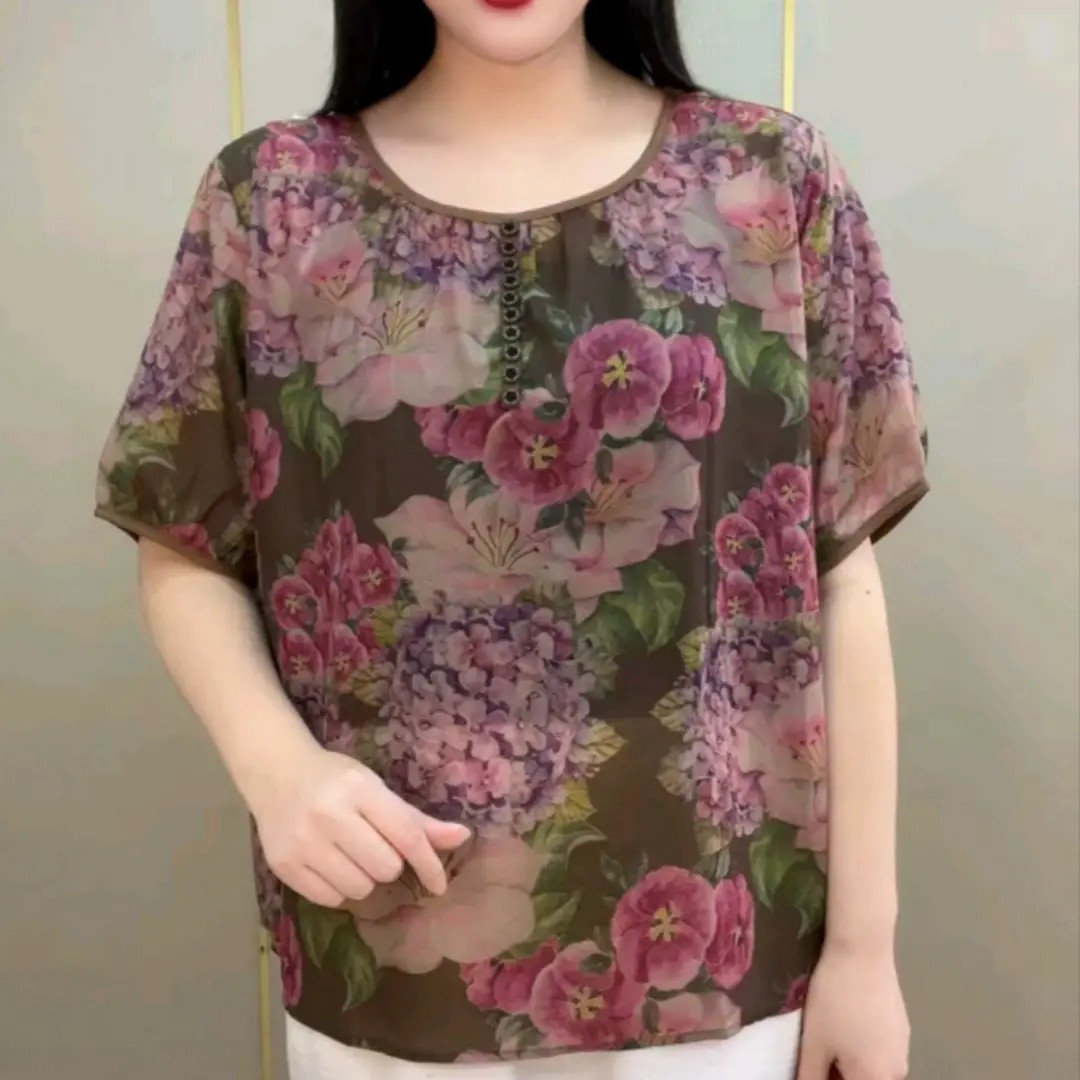 中年妈妈夏装短袖雪纺衫高档气质显瘦洋气潮流宽松遮肉休闲风小衫