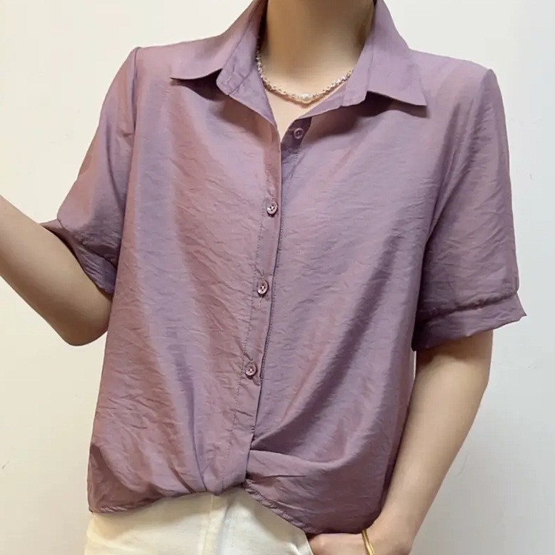 夏季韩版女士时尚百搭显瘦衬衫气质减龄纯色薄款短袖T恤休闲衬衣