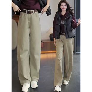 卡其色加绒牛仔裤女秋冬季新款小个子加厚休闲窄版香蕉弯刀阔a96