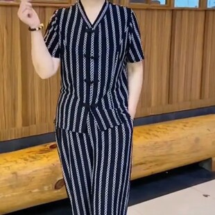 夏季新款妈妈装复古时尚休闲百搭减龄中式显瘦气质盘扣印花两件套