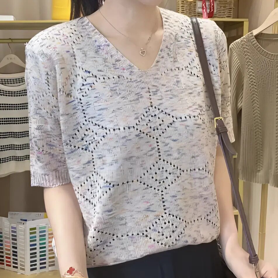 芸菲汇优选女装春夏季新款女士格子短袖针织衫宽松显瘦减龄打底a6