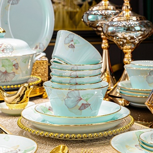 青瓷餐具套组釉下彩碗盘组合餐具整套中式餐具乔迁送礼可微波炉