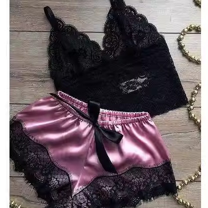 2PCS Womens Lace Sleepwear Lingerie Tops Shorts Set Babydoll
