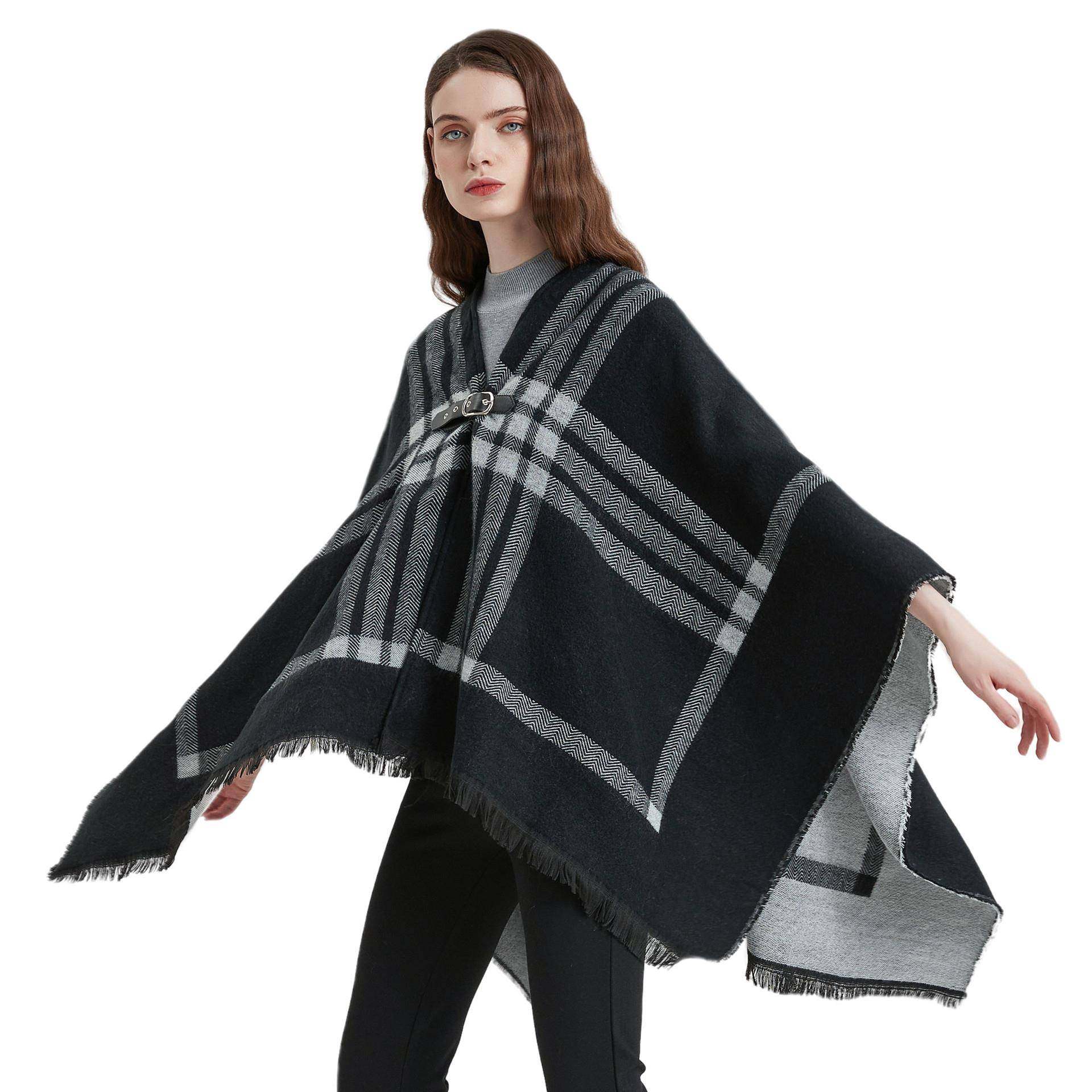 Shawl Black And White Plaid Leather Buckle Split Shawl Women