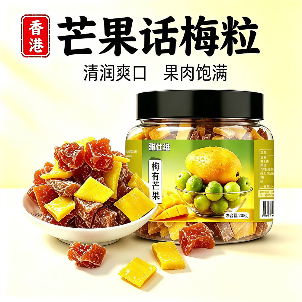 梅有芒果话梅粒酸甜无核即食梅子蜜饯果脯休闲零食盐津梅208g罐装