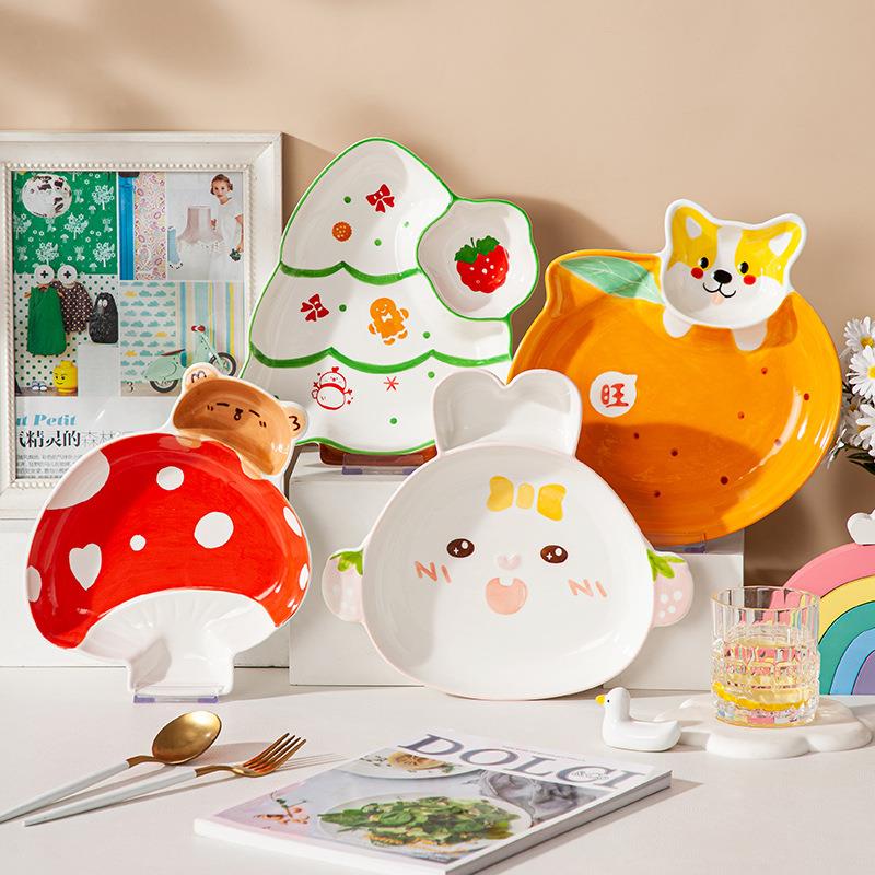 创意可爱釉下彩卡通萌趣造型饺子盘带蘸料碟儿童餐盘分隔盘家用