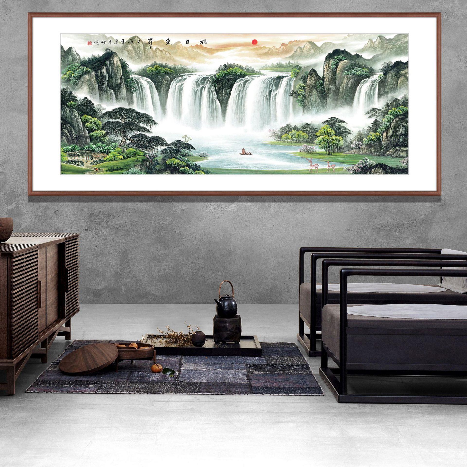 旭日东升新中式山水画办公室字画大气挂画客厅沙发墙流水生财壁画