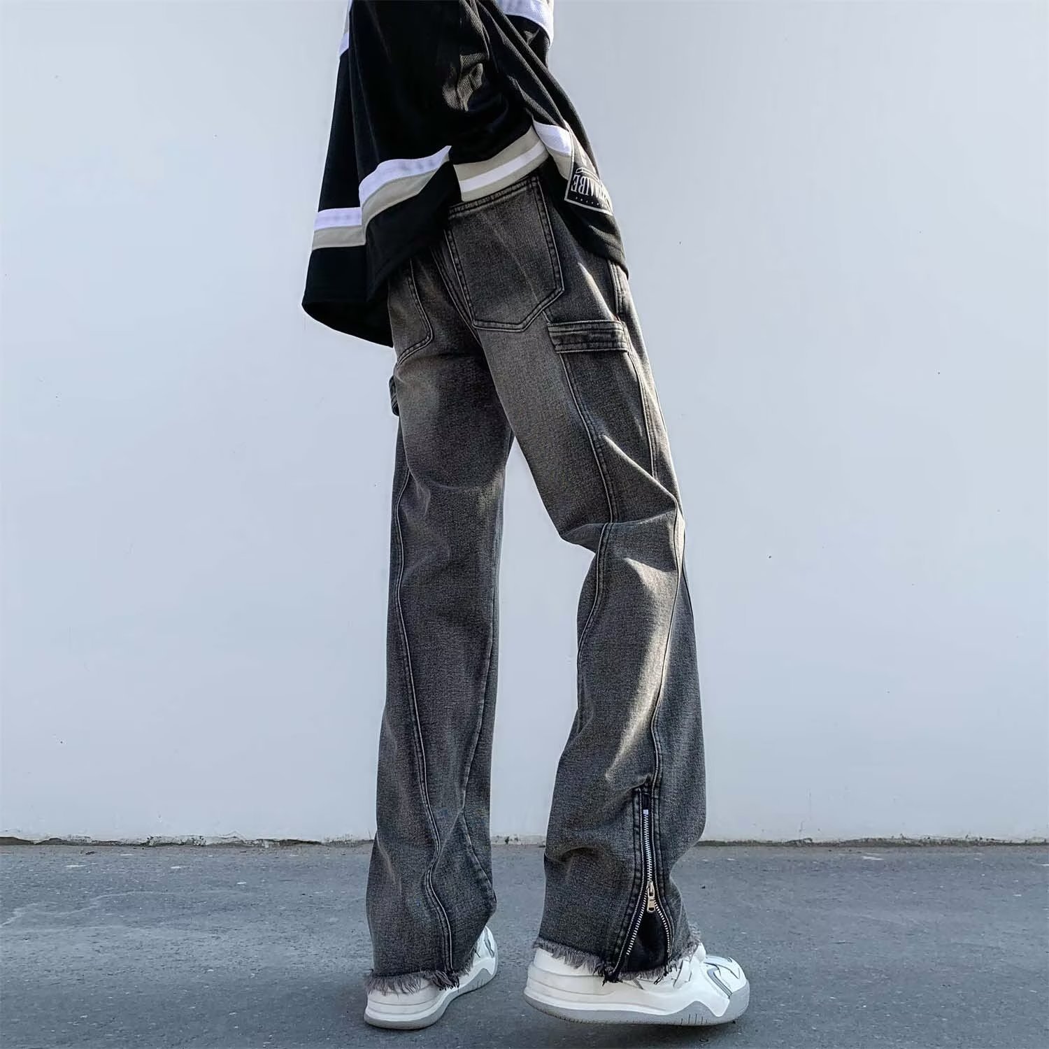 美式oversize拉链牛仔裤男款春季新款直筒微喇叭裤子高街vibe潮牌