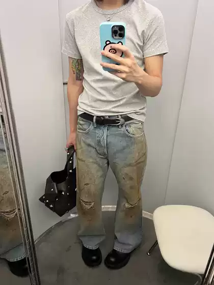 Correct Ac Style 2021m Mud-Dyed Distressed Water-Hole Dirty Pants Straight-Leg Loose Casual Jeans Bai Jingting