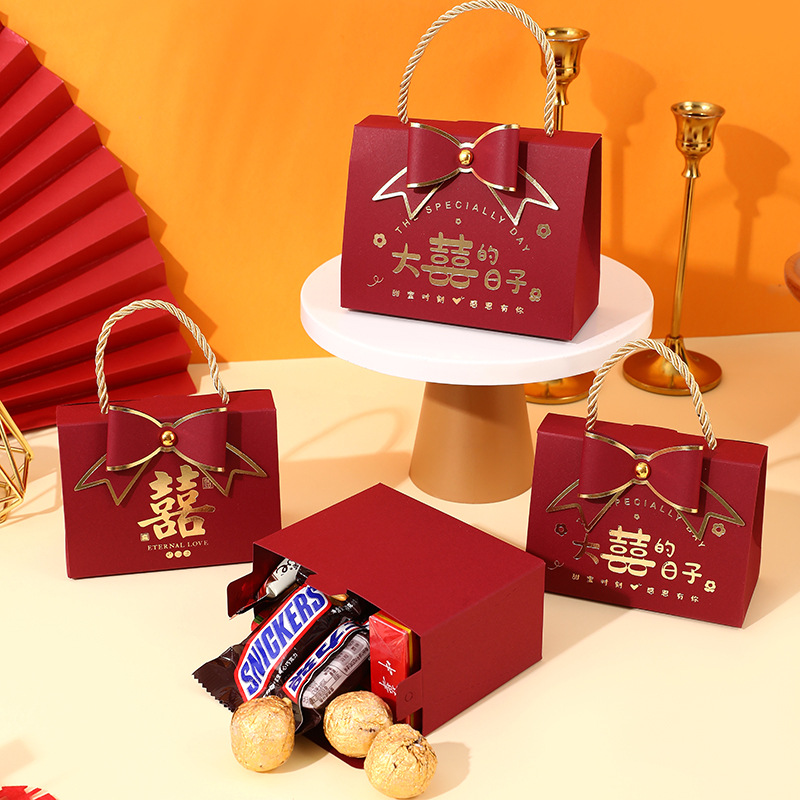 手提喜糖盒蝴蝶结高档糖果盒大喜日子婚礼伴手礼回礼装糖盒袋新款