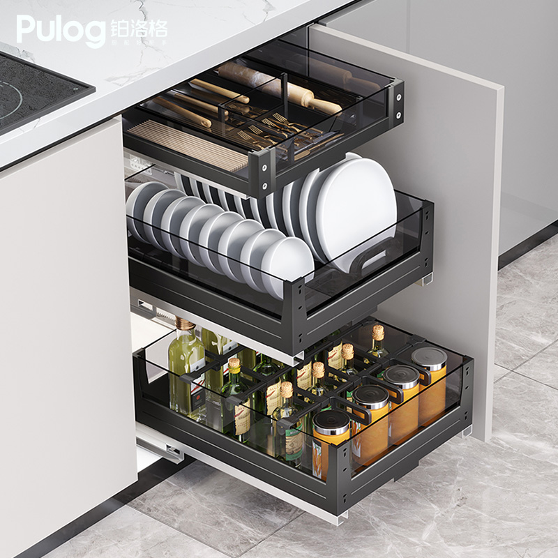 ft厨房调味拉篮橱柜双三层工具篮抽屉式锅碗碟架玻璃分隔调