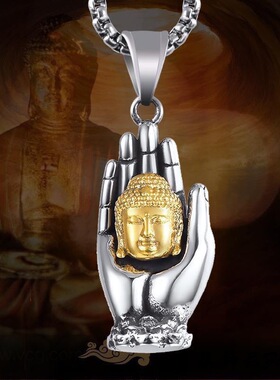 复古掌心佛项链男女本命佛守护神佛手如来佛头合金吊坠个性毛衣链