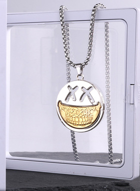 潮Ins小众不掉色项链男钛钢街头夜店个性嘻哈风笑脸吊坠女毛衣链