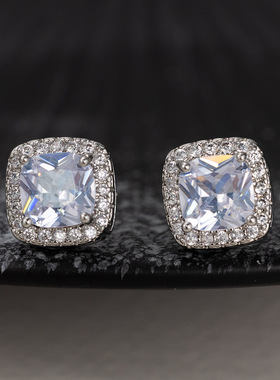 满钻方包耳钉女款时尚清新镶钻几何耳饰简约气质超闪锆石方形耳环