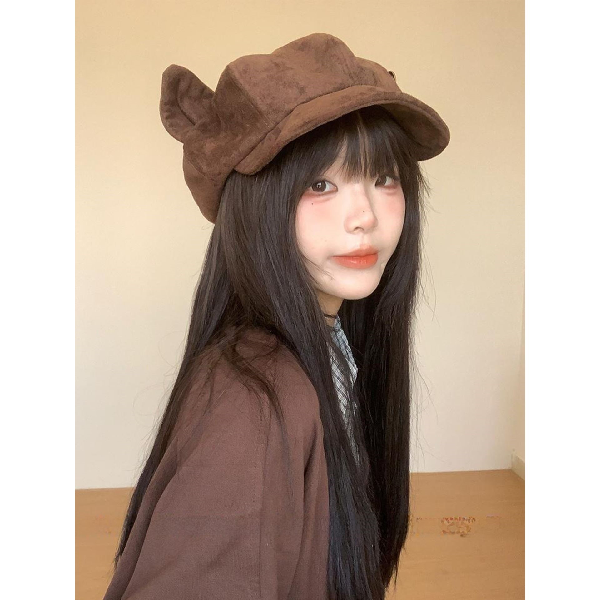 日系覆古麂皮绒猫耳朵贝雷帽子女帽子