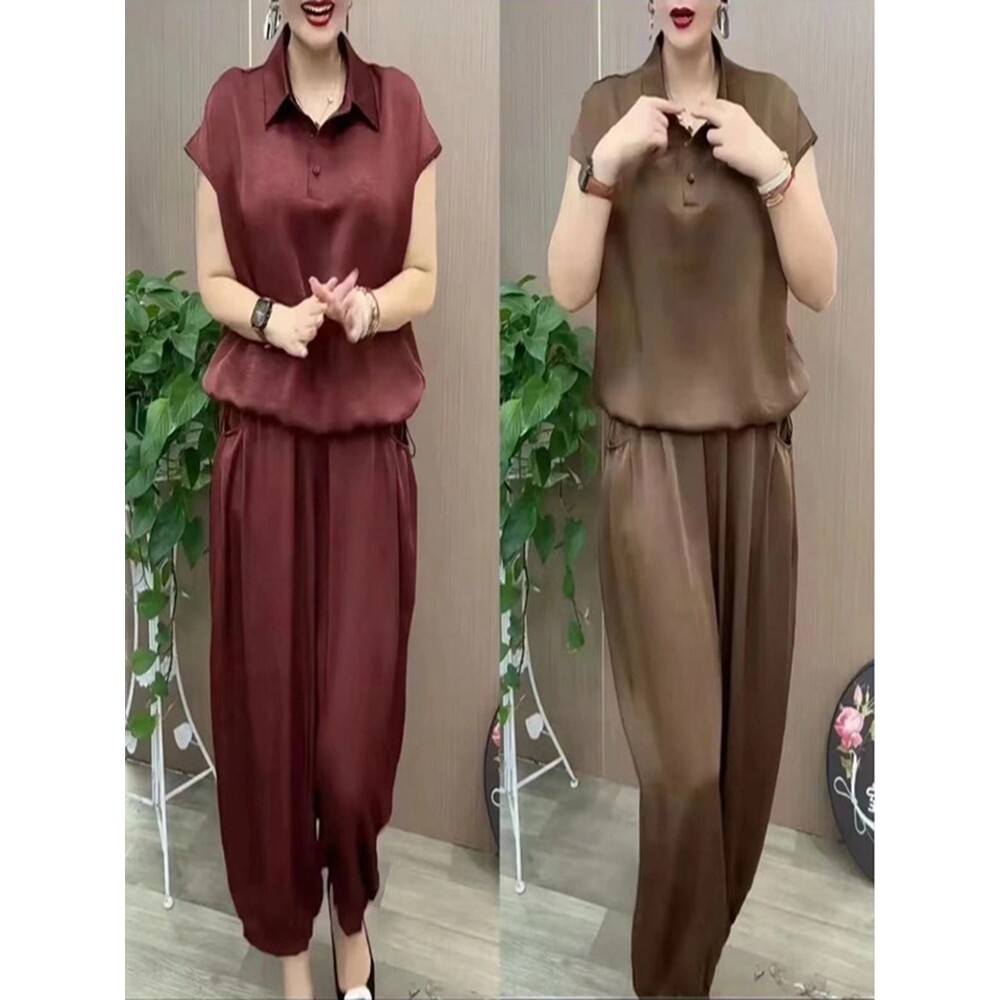 菲维洋气休闲套装欧麦严选女装夏季新款显瘦短袖上衣裤子两件套a2