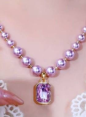 小盘优选紫色水晶锆石方糖珍珠项链高级感2025新款饰品女法式吊坠