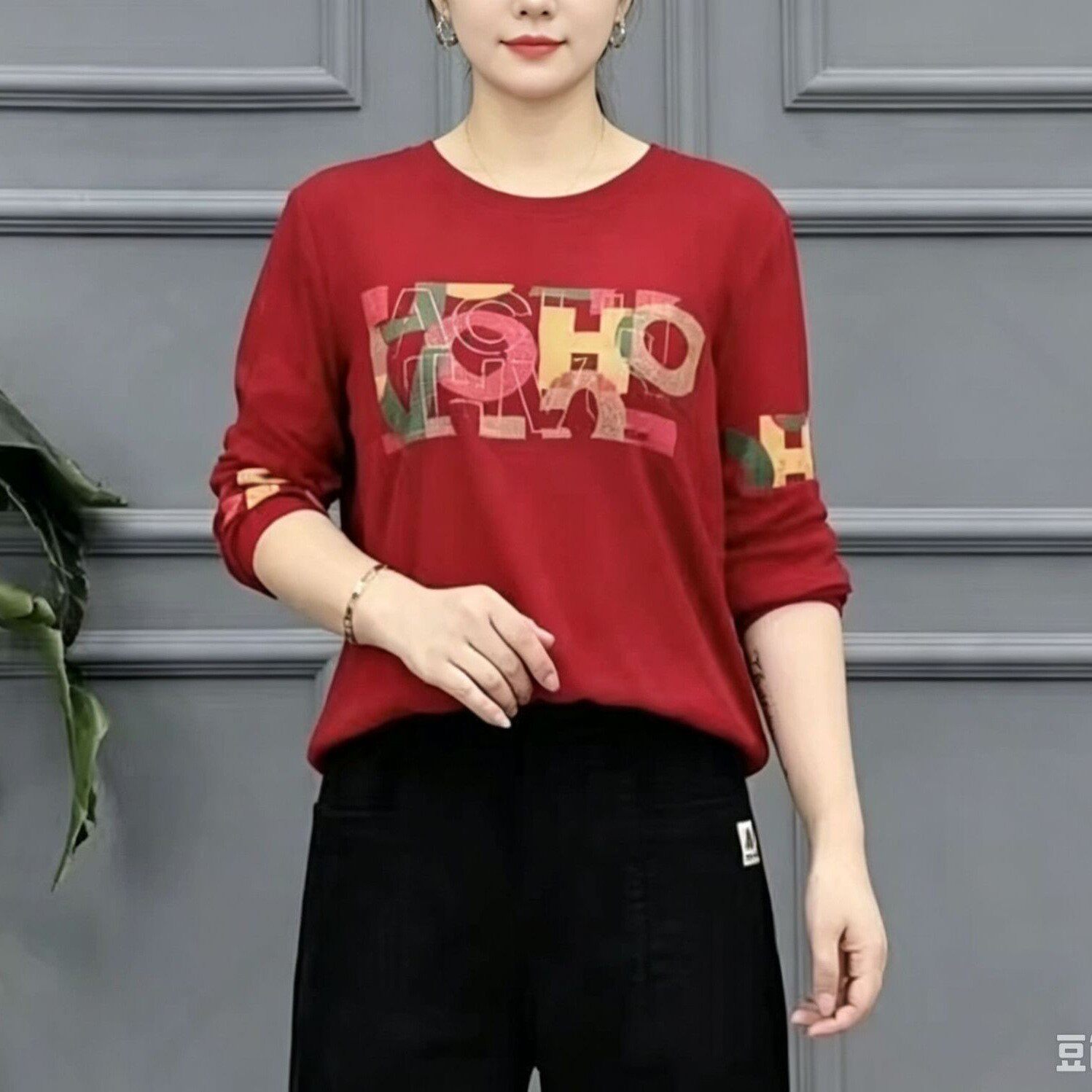 爆款打底衫2026春秋季圆领字母印花长袖T恤女上衣妈妈装a1