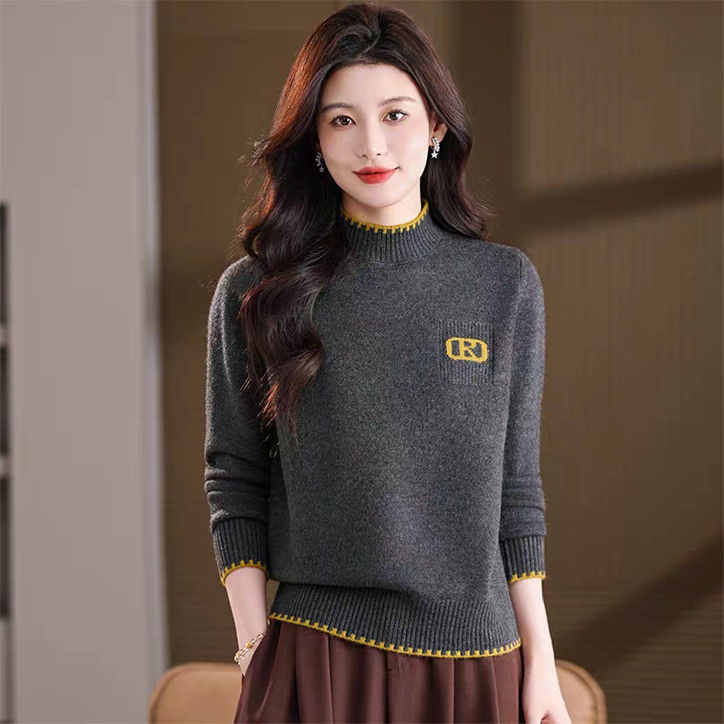 金泽女装2026秋冬季女士半高领针织毛衣宽松显瘦字母刺绣打底衫a6