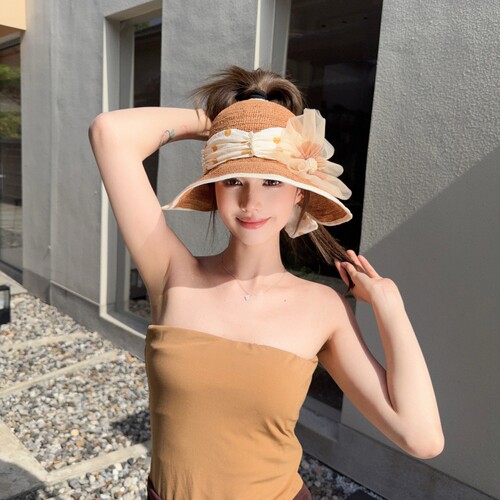 CREAMPP 原创极细钩针拉菲草浪漫长飘带网纱花簇发型自由镂空盆帽