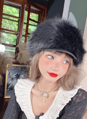 CREAMPP 黑色短檐仿皮平顶帽原创秋冬时髦夹棉加厚保暖雷锋帽