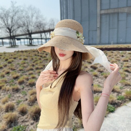 CREAMPP 原创春夏拉菲草钩针大檐帽新中式花饰雪纱飘带优雅遮阳帽