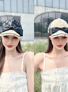 CREAMPP 春夏蕾丝草编甜美棒球帽双层刺绣波点蝴蝶结高颅顶鸭舌帽