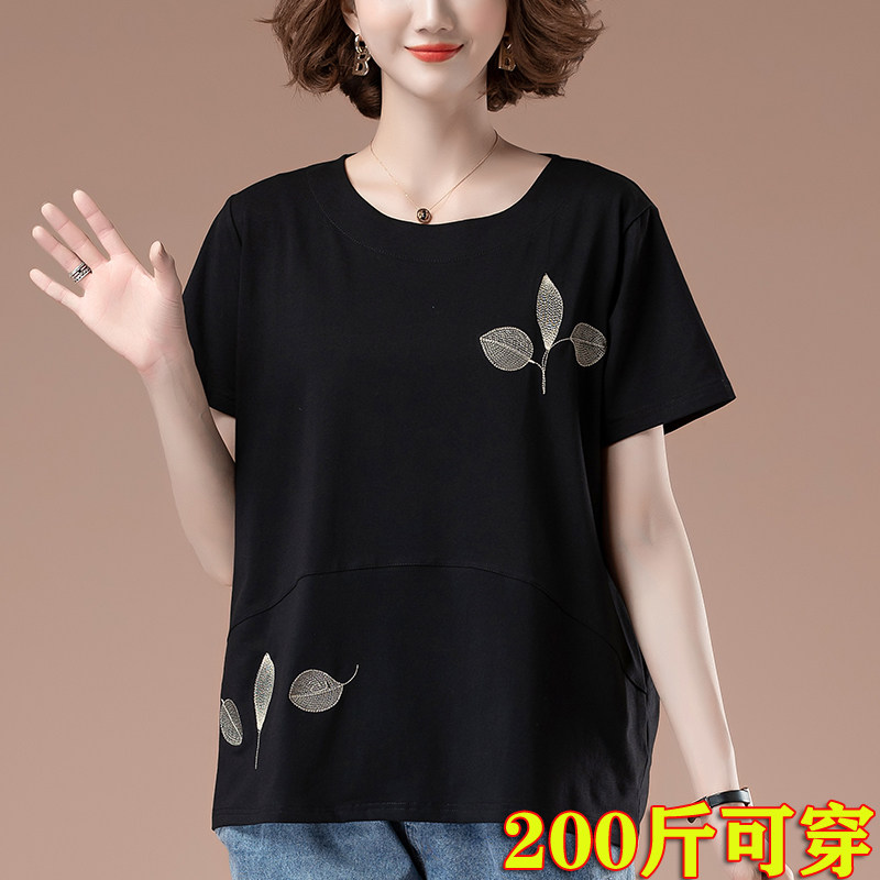超大码刺绣夏季女装中老年胖妈妈加肥加大宽松遮肚子显瘦纯棉T恤