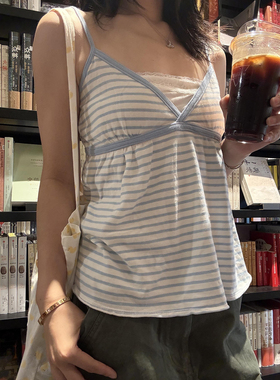 韩系气质甜妹BM风蓝色条纹V领吊带背心显瘦百搭小众外穿无袖上衣