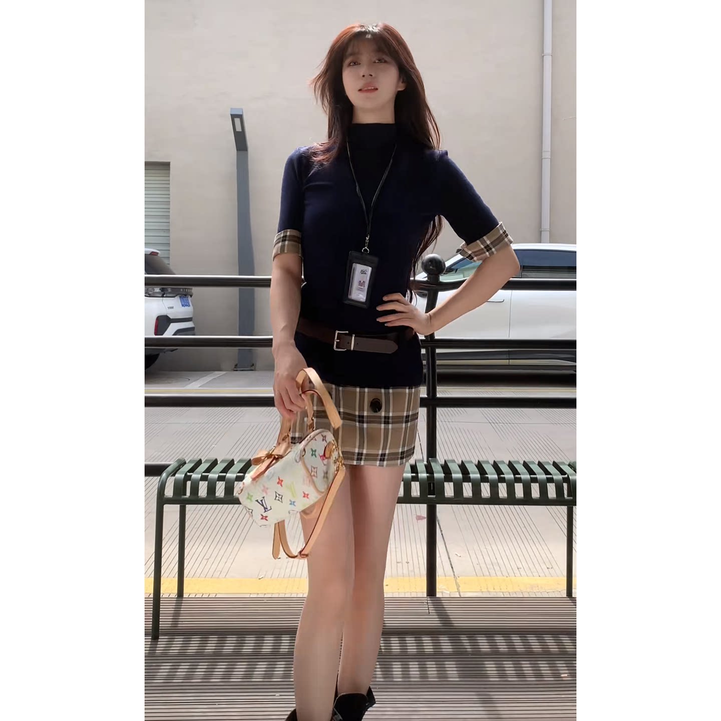 韩系气质辣妹高质感两件套格纹拼接中袖修身高领上衣低腰格子短裙