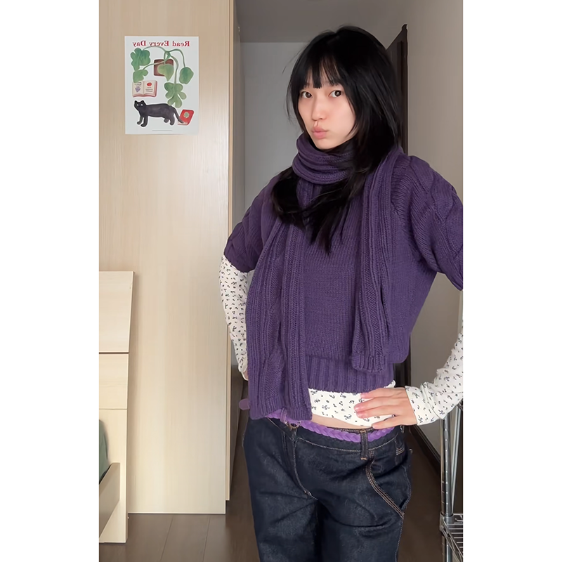 韩系气质秋冬叠穿两件套内搭圆领长袖碎花上衣紫色麻花短袖毛衣女,女装/女士精品,时尚套装,淘宝优惠券,粉丝福利购,淘宝优惠卷
