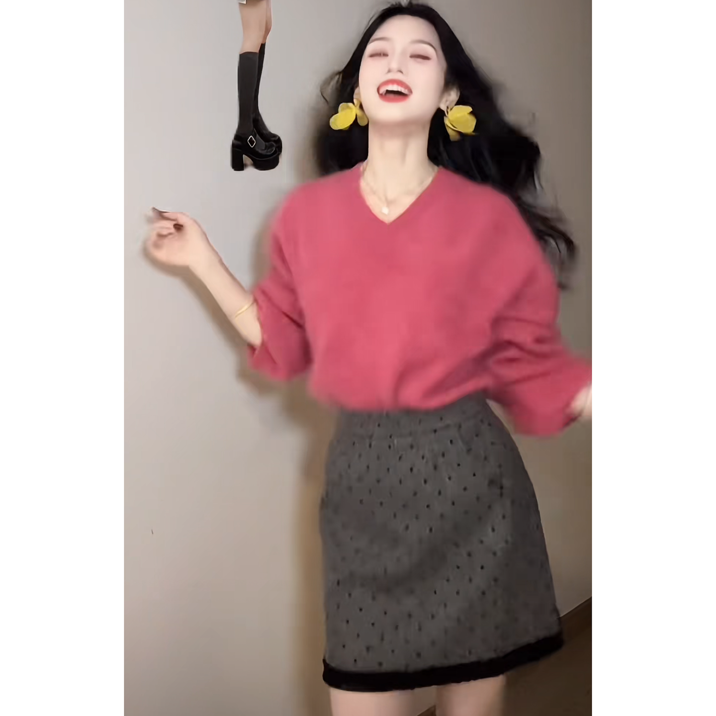 法式气质波点印花木耳边高腰半身裙秋冬气质百搭灰色毛呢A字短裙