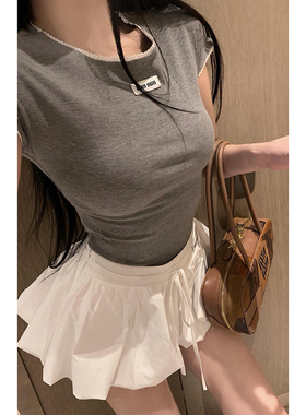 甜辣风辣妹MIU系灰色圆领花边短袖修身上衣高腰系带花苞短裙套装