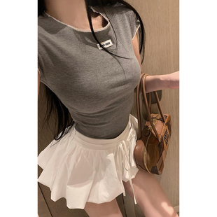 甜辣风辣妹MIU系灰色圆领花边短袖修身上衣高腰系带花苞短裙套装