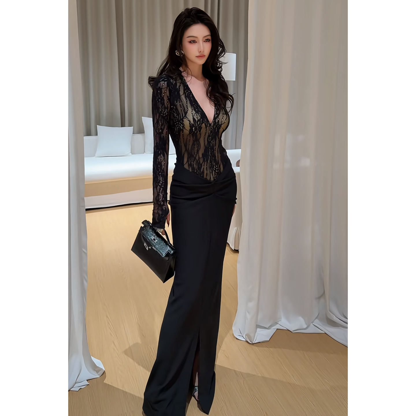 纯欲风辣妹性感深V领长袖蕾丝提花连体上衣秋冬收腰修身打底衫女,女装/女士精品,连体衣/裤,淘宝优惠券,粉丝福利购,淘宝优惠卷