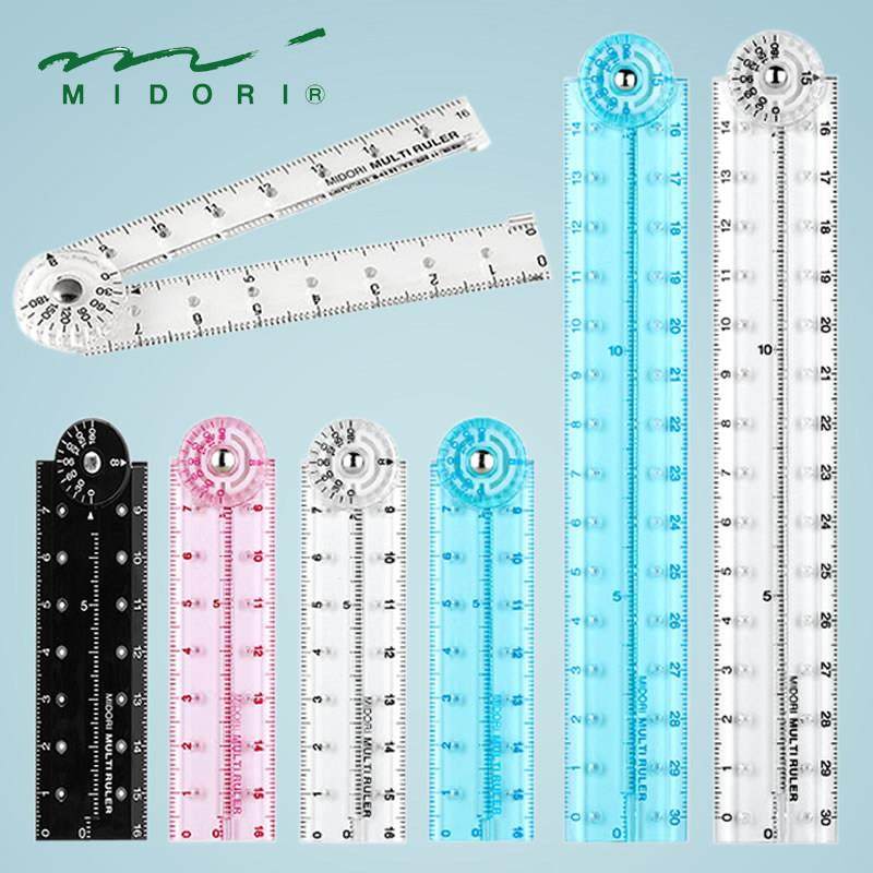 日本midori CL可折叠直尺量角器两用彩色透明 可携式收纳学生文具