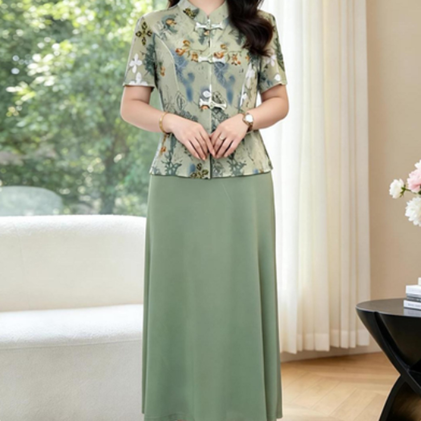 惟珍仓女装六盘扣旗袍连衣裙2026夏季女士假两件中长裙妈妈装裙a6