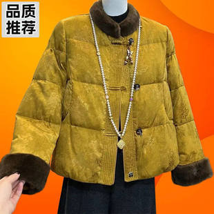 ~临蔡女装新中式毛领拼接短款棉服冬季女款盘扣提花棉衣保暖棉袄