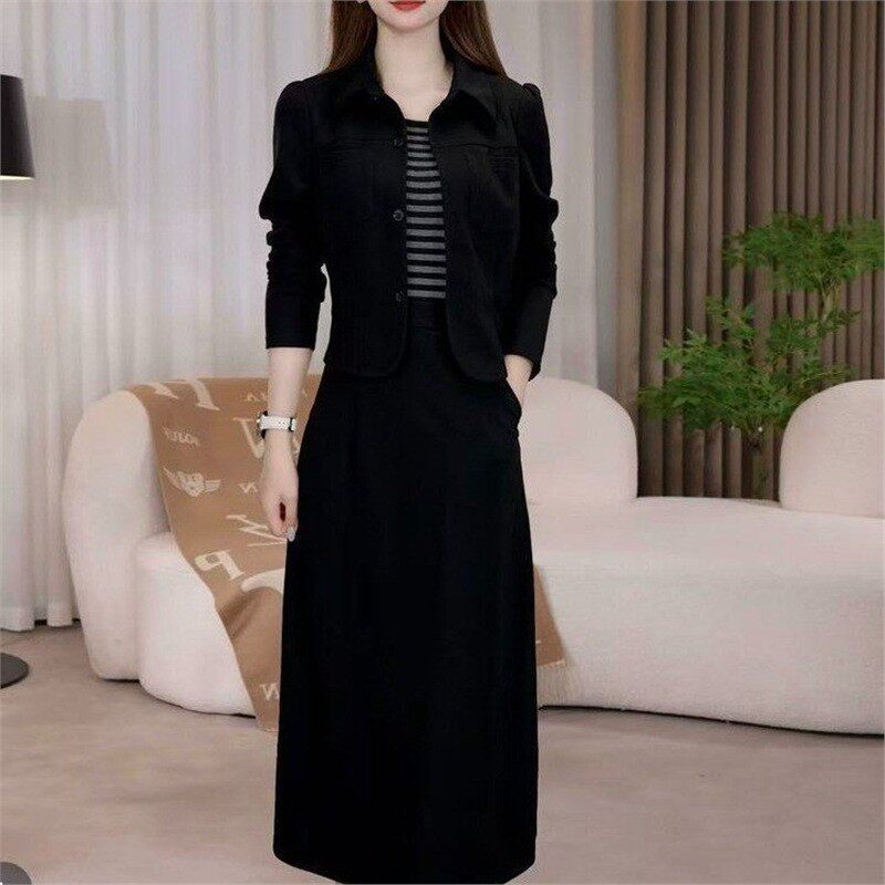 爆款拼接假两件外套条纹连衣裙2026秋季休闲长袖套装裙子a6