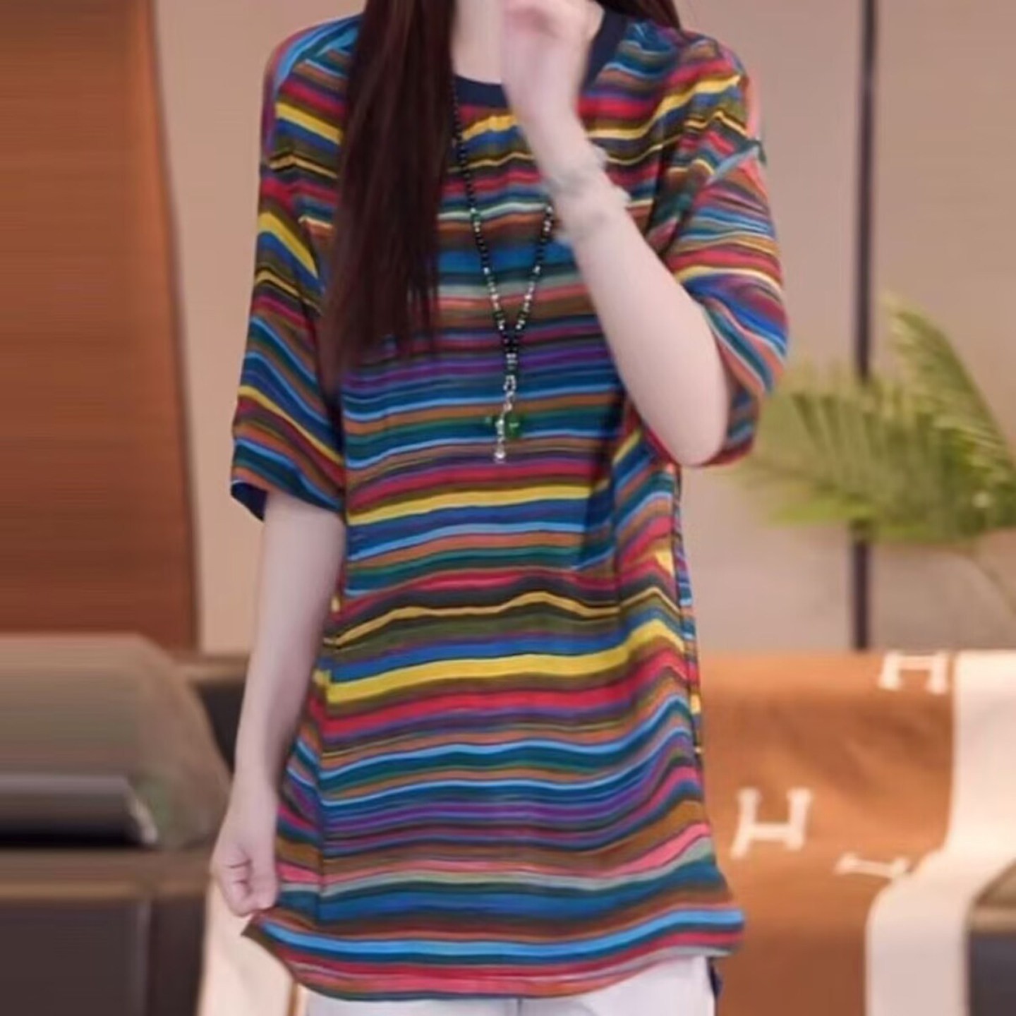 赴达女装彩虹条纹五分袖短袖夏季女士款时尚圆领T恤宽松大码上a2