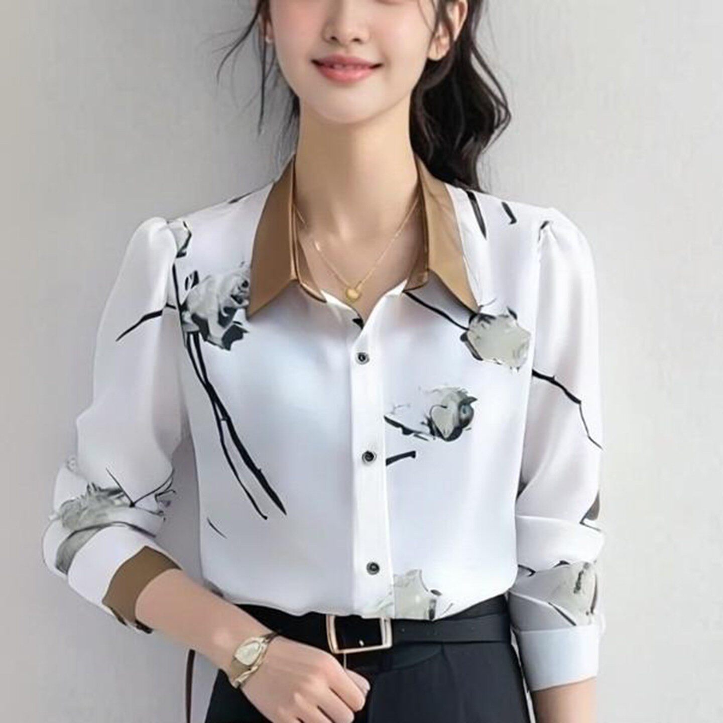 榕坤服饰甄选店洋气小衫水墨画色打底衫印花拼色上衣中年女士开a2