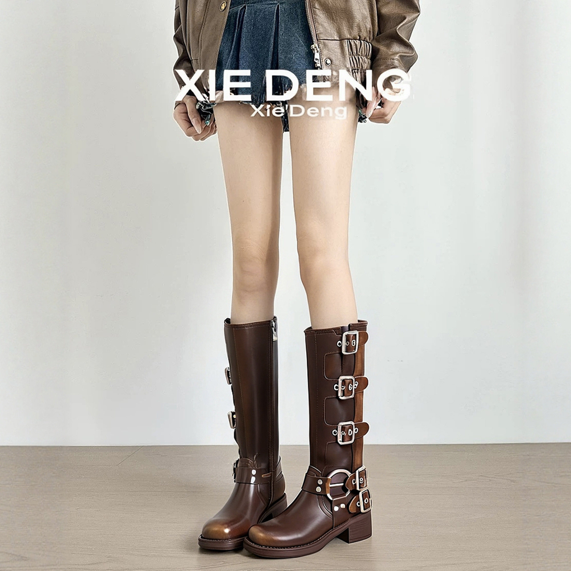 「鞋登」真皮棕色miu长筒靴女款西部牛仔美拉德骑士靴易梦玲同款