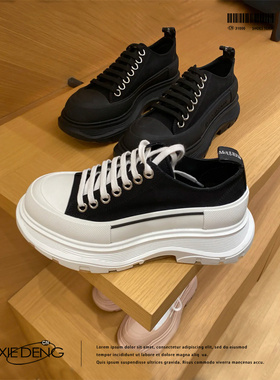 「鞋登」新款老爹鞋女厚底2025夏季增高纯色系带黑色麦昆百帆布鞋