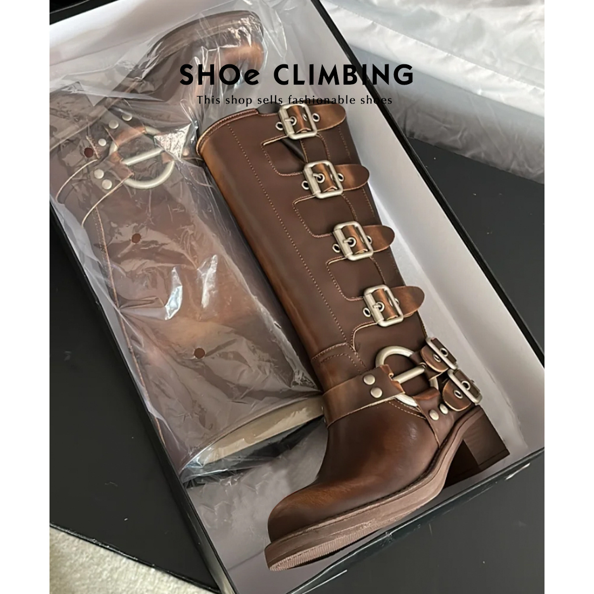 巨好穿真皮棕色miu长筒靴女款