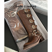 易梦玲同款 「鞋 登」真皮棕色miu长筒靴女款 西部牛仔美拉德骑士靴