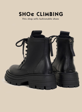 「鞋登」头层牛皮马丁靴2025秋冬新款黑色真皮厚底英伦风加绒短靴