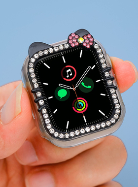 适用applewatch透明iwatchs10代保护壳苹果手表表壳带钻防摔89SE代半包pvc镶钻女44/41/45mm40卡通钻潮流猫咪