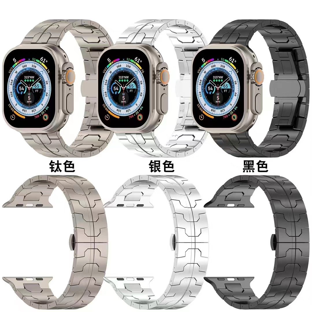 适用AppleWatch Ultra2表带钢铁侠纯钛合金苹果S8表带ultra2钛金属49mm蝴蝶扣iwatch9/8/7/6/SE2/5/4表带45mm